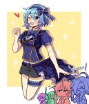  ashe_bradley belt biyo blue_bow blue_bowtie blue_eyes blue_hair blue_hairband blue_jacket border bow bowtie character_name chibi chibi_inset claire_elford collarbone glowstick grey_shorts hair_bow hairband hand_up headphones heart holding_glowstick idol jacket jumping light_blush noel_levine one_eye_closed open_mouth outline plaid plaid_skirt puffy_short_sleeves puffy_sleeves purple_belt shirt short_sleeves shorts sirius_gibson skirt smile sparkle striped_bow striped_bowtie striped_clothes teeth thigh_strap triangle_mouth upper_teeth_only white_border white_outline white_shirt wilardo_adler witch&#039;s_heart yellow_background 