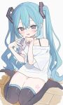  1girl absurdres blue_eyes blue_hair blue_nails blush flat_chest hair_between_eyes hakudaku hatsune_miku heart heart-shaped_pupils heart_hands highres long_hair looking_at_viewer off_shoulder open_mouth shirt single_bare_shoulder sitting smile solo symbol-shaped_pupils thigh-highs twintails very_long_hair vocaloid white_shirt 