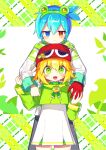  1boy 1girl absurdres amitie_(puyopuyo) blonde_hair blue_eyes blue_hair blush closed_mouth expressionless green_eyes heterochromia highres offbeat open_mouth puyopuyo red_eyes short_hair sig_(puyopuyo) skirt smile white_skirt 