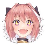  +_+ 1boy astolfo_(fate) black_bow blush bow fang fate/apocrypha fate_(series) fur_trim gorget hair_between_eyes hair_bow hair_intakes male_focus multicolored_hair open_mouth otoko_no_ko pink_hair portrait short_hair skin_fang smile solo sparkling_eyes streaked_hair two-tone_hair violet_eyes white_hair yokura_(yukilina) 