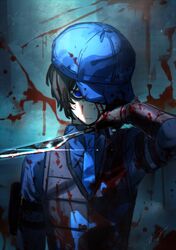  1boy absurdres akantai arm_strap baseball_cap black_gloves black_hair black_vest blood blood_on_clothes blood_on_face blood_on_wall blood_on_weapon blue_eyes blue_hat blue_necktie blue_shirt closed_mouth commentary_request dagger gloves glowing glowing_eyes hat highres holding holding_dagger holding_knife holding_weapon knife limbus_company looking_at_viewer necktie project_moon shirt solo vest w_corp._(identity)_(project_moon) weapon yi_sang_(project_moon) 