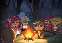  1other 2girls 3boys campfire commentary_request cookie_run cookie_run:_braverse cookie_run:_kingdom crown custard_cookie_iii fire gingerbrave gingerbread_man hood hood_up hoodie knight knight_cookie korean_commentary multiple_boys multiple_girls official_art outdoors pikett_iv prince princess princess_cookie strawberry_cookie 