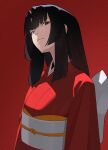  1girl black_eyes black_hair blunt_bangs commentary drid english_commentary highres japanese_clothes kimono looking_at_viewer medium_hair obi original red_background red_kimono sash simple_background solo white_sash 