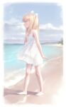  1girl absurdres ahoge arm_at_side bare_arms bare_shoulders barefoot beach bingwei_huang blonde_hair blue_eyes blue_sky bow bow_hairband choker clouds cloudy_sky day dress feet flat_chest hairband hand_on_own_chest highres long_hair looking_ahead ocean original outdoors pointy_ears profile shore sky sleeveless sleeveless_dress solo standing sundress toes water white_bow white_choker white_dress white_hairband 