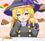  1boy black_coat black_gloves black_hat blonde_hair bow braid buttons cheesecake chicken_(food) coat commentary_request cookie_(touhou) dated food fried_chicken genderswap genderswap_(ftm) gloves hair_bow hand_on_own_cheek hand_on_own_face hat hat_bow kirisame_marisa lets0020 long_hair looking_at_viewer male_focus medium_bangs noodles omelet omurice open_mouth otoko_no_ko pink_background purple_bow ramen rei_(cookie) sausage single_braid smile solo sparkle touhou upper_body witch_hat yellow_eyes 