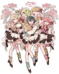  5girls :d absurdres apron bad_id bad_pixiv_id black_footwear black_skirt blonde_hair blue_eyes closed_eyes croissant ensemble_stars! food frilled_apron frills full_body genderswap genderswap_(mtf) green_eyes green_hair hair_between_eyes hair_ribbon hands_on_own_cheeks hands_on_own_face hands_up heart heart_hands heterochromia highres himemiya_tori holding holding_food kagehira_mika long_sleeves looking_at_viewer maid maid_headdress meremero multiple_girls one_eye_closed open_mouth pink_hair red_ribbon ribbon shiratori_aira_(ensemble_stars!) shirt shoes short_hair skirt smile standing tomoe_hiyori v violet_eyes white_apron white_shirt yellow_eyes yuuki_makoto_(ensemble_stars!) 