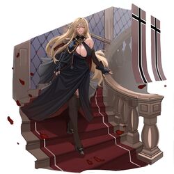  absurdres bismarck_(azur_lane) bismarck_(beacon_of_the_iron_blood)_(azur_lane) black_dress black_gloves blonde_hair breasts closed_eyes copyright_request dress elbow_gloves epaulettes fingerless_gloves gloves hair_between_eyes harris_hero highres iron_blood_(emblem) jewelry large_breasts medal smile stairs 