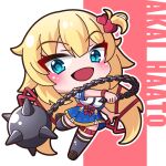  1girl :d absurdres akai_haato akai_haato_(1st_costume) ball_and_chain_(weapon) blonde_hair blue_eyes blue_skirt blush breasts brown_footwear character_name chibi commentary_request full_body grey_thighhighs hair_between_eyes hair_ornament hair_ribbon heart heart_hair_ornament highres holding holding_weapon hololive large_breasts loafers long_hair looking_at_viewer one_side_up outline pink_background red_ribbon ribbon saishosaisekojo shirt shoes short_sleeves skirt smile solo spiked_ball_and_chain standing standing_on_one_leg thigh-highs two-tone_background very_long_hair weapon white_background white_outline white_shirt 