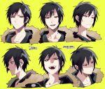  1boy black_hair black_jacket blank_eyes character_name copyright_name durarara!! eromkk fang frown fur_trim hair_behind_ear hair_between_eyes hair_intakes highres jacket laughing looking_at_viewer looking_to_the_side male_focus multiple_views open_mouth orihara_izaya partially_shaded_face red_eyes shaded_face simple_background solo sweat sweatdrop teeth twitter_username upper_body white_fur yellow_background 