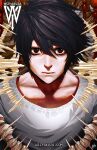  1boy artist_name black_hair brown_eyes closed_mouth collarbone death_note highres l_(death_note) looking_at_viewer male_focus shirt short_hair signature solo web_address white_shirt wizyakuza 
