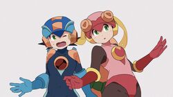  1boy 1girl 3suisousui black_bodysuit black_hair blonde_hair blue_bodysuit blue_helmet bodysuit cowboy_shot green_eyes highres leotard long_hair mega_man_(series) mega_man_battle_network_(series) megaman.exe netnavi one_eye_closed pink_helmet pink_leotard roll.exe_(mega_man) short_hair simple_background white_background 