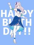  1girl :d blue_background blue_dress clothing_cutout detached_sleeves dress full_body green_eyes grey_hair hair_ornament happy_birthday highres hololive hololive_indonesia ishida_aya long_hair long_sleeves looking_at_viewer pavolia_reine pavolia_reine_(1st_costume) see-through see-through_sleeves sleeveless sleeveless_dress smile solo standing stomach_cutout swept_bangs thigh-highs virtual_youtuber white_thighhighs 