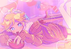  1boy ahoge black_shorts blue_eyes blue_hairband blurry blurry_background box box_of_chocolates bright_pupils bunting c: candy chocolate collar curtains dot_nose double-parted_bangs ensemble_stars! feathered_hair feet_out_of_frame food frilled_collar frilled_hairband frills hairband hand_rest harukawa_sora heart heart-shaped_box heart-shaped_chocolate highres knees_up looking_to_the_side lying male_focus mouth_hold off_shoulder on_bed on_stomach otoko_no_ko palmar_flexion pennant pink_sweater pink_theme raised_eyebrows roru_(inunonukege) shirt short_hair shorts sideways_glance smile solo sparkle stuffed_animal stuffed_toy sweater teddy_bear the_pose thigh-highs two-tone_hairband white_hairband white_pupils white_shirt white_thighhighs yume_kawaii 