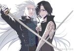  2girls arm_tattoo bare_shoulders black_coat black_gloves black_hair blue_coat blue_eyes breasts closed_mouth coat devil_may_cry_(series) devil_may_cry_5 fingerless_gloves genderswap genderswap_(mtf) gloves hair_slicked_back hand_tattoo holding holding_sword holding_weapon jewelry katana long_hair long_sleeves looking_at_viewer multiple_girls necklace simple_background sleeveless smile sword tattoo v_(devil_may_cry) vergil_(devil_may_cry) weapon white_hair yamato_(sword) 