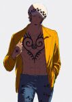  1boy abs chest_tattoo chromatic_aberration commentary_request cowboy_shot denim earrings facial_hair goatee hand_in_pocket hand_tattoo hat highres jeans jewelry koma_heron long_sleeves male_focus one_piece open_clothes open_shirt pants shirt short_hair sideburns sidelighting simple_background solo tattoo trafalgar_law white_background yellow_shirt 