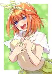  1girl blue_eyes blush capelet cowboy_shot go-toubun_no_hanayome hair_ribbon hands_on_own_chest hands_up highres jewelry looking_at_viewer nakano_yotsuba necklace open_mouth orange_hair ribbon ring ring_necklace shirt short_hair solo teeth twitter_username upper_teeth_only white_capelet yellow_shirt yu_(flowerbird3830) 