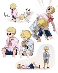  2boys aged_down bandaid bandaid_on_cheek bandaid_on_face blonde_hair blue_neckerchief blue_shorts bread brothers child cropped_legs donquixote_doflamingo donquixote_rocinante eating falling food grey_shorts hair_over_eyes highres holding holding_food lying male_focus multiple_boys neckerchief one_piece open_mouth pink_shirt red_neckerchief shirt short_hair shorts siblings sitting small_sweatdrop standing sunglasses teeth variations white_shirt yaboov 