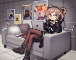  ammunition_pouch artist_name black_gloves book boots breasts brown_coat brown_footwear brown_hair brown_thighhighs closed_mouth coat collar commission computer couch dated double_bun girls_frontline gloves griffin_&amp;_kryuger hair_bun headphones indoors laptop madcore medium_breasts medium_hair on_couch open_book p90_(girls&#039;_frontline) pillow pixiv_commission poster_(object) pouch red_eyes sitting smile solo thigh-highs thigh_strap 
