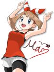 1girl :d armpits arms_up black_shorts blue_eyes bow brown_hair character_name eyelashes hair_bow highres index_fingers_raised looking_at_viewer may_(pokemon) open_mouth pokemon pokemon_oras red_bow red_shirt red_t-shirt shirt shorts sleeveless sleeveless_shirt smile solo teeth upper_teeth_only white_background ya_mari_mo_3