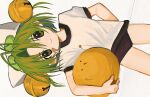  1boy 1girl animal_ears animal_hat antenna_hair arm_behind_back bandaid bandaid_on_cheek bandaid_on_face bell buruma carrying carrying_person carrying_under_arm cat_ears cat_hat closed_mouth cowboy_shot dejiko di_gi_charat gema green_eyes green_hair gym_shirt gym_uniform hair_bell hair_ornament hat highres jingle_bell looking_at_viewer parted_bangs pepeppepe101 red_buruma shirt short_hair short_sleeves sideways smile two_side_up white_background white_hat white_shirt 
