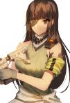  1girl armband assault_rifle breasts brown_eyes brown_hair closed_mouth eyepatch girls_frontline gloves green_armband green_shirt grey_gloves gun highres long_hair looking_at_viewer m16a1_(girls&#039;_frontline) m4_carbine mask multicolored_hair rifle scar scar_across_eye shirt simple_background skull_mask smile solo tank_top upper_body weapon xanax025 