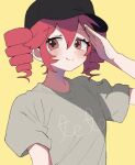 +_+ 1girl baseball_cap black_hat dot_nose drill_hair flat_color grey_shirt hair_between_eyes hand_up hat kasane_teto kasane_teto_(sv) light_blush looking_at_viewer medium_hair override_(synthesizer_v) print_shirt redhead salute shirt short_sleeves sidelocks simple_background smile solo symbol-shaped_pupils synthesizer_v twin_drills twintails ur_(ur_o_) utau yellow_background