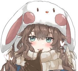  1girl animal_hat aqua_eyes blue_coat blush brown_gloves brown_hair coat gloves hand_up hat heart lancer_(worudrleh1) licking licking_finger long_hair looking_at_viewer marcus_(reverse:1999) mole mole_under_eye portrait rabbit_hat reverse:1999 scarf solo thumbs_up wavy_hair white_background white_hat white_scarf 