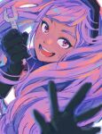  1girl 43_pon :d bad_id bad_twitter_id black_gloves dirty dirty_face entrapta gloves highres holding holding_wrench long_hair looking_at_viewer masters_of_the_universe open_mouth pink_eyes purple_hair she-ra_and_the_princesses_of_power smile solo twintails upper_body wrench 