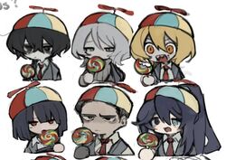  3boys 3girls bite_mark black_eyes black_hair blonde_hair blue_eyes candy closed_mouth don_quixote_(project_moon) faust_(project_moon) food half_updo holding holding_candy holding_food holding_lollipop hong_lu_(project_moon) limbus_company lollipop long_hair meursault_(project_moon) multiple_boys multiple_girls muu_037 open_mouth project_moon propeller_hat red_eyes ryoshu_(project_moon) sharp_teeth simple_background smile teeth very_long_hair white_background white_hair yellow_eyes yi_sang_(project_moon) 