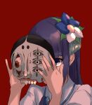  1girl aoi_ch. blue_eyes commentary_request covered_face flower fuji_aoi hair_flower hair_ornament half_mask hands_up highres holding holding_mask kanzashi long_hair looking_at_viewer mask noh_mask one_eye_covered portrait purple_hair red_background removing_mask shirt short_sleeves simple_background solo tokono_touhi virtual_youtuber white_shirt 