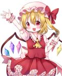  1girl arm_up ascot back_bow blonde_hair bow breasts chocolat_(momoiro_piano) collared_shirt cowboy_shot crystal flandre_scarlet frilled_shirt_collar frills hair_between_eyes hat medium_hair mob_cap multicolored_wings one_side_up petticoat pink_bow pink_hat puffy_short_sleeves puffy_sleeves red_eyes red_skirt red_vest shirt short_sleeves simple_background skirt skirt_set small_breasts solo touhou vest white_background wings wrist_cuffs yellow_ascot 
