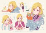  1other 24mbb alternate_costume alternate_hair_length alternate_hairstyle antenna_hair aqua_coat blonde_hair chibi coat food fruit gnosia hair_between_eyes hair_ornament hairclip highres looking_at_viewer multiple_persona other_focus parfait red_eyes setsu_(gnosia) short_hair simple_background smile solo strawberry translation_request turtleneck white_background 