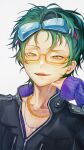  1boy artist_request bad_link black_hair commentary_request glasses gnosia goggles green_hair highres jacket jewelry long_sleeves looking_at_viewer male_focus necklace sha-ming shirt short_hair smile solo upper_body zipper 