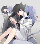  2girls animal_ears bandaged_wrist bandages black_bandages black_eyes black_hair black_shirt blue_hair cat_ears cat_girl cat_tail chain chain_leash chief_(path_to_nowhere) collar collared_shirt commentary_request dog_ears dog_girl dog_tail dream_catcher eye_contact eyepatch female_chief_(path_to_nowhere) gradient_background grey_background hecate_(path_to_nowhere) highres holding holding_leash kemonomimi_mode korean_commentary leash licking licking_another&#039;s_face long_hair looking_at_another multiple_girls one_eye_covered open_mouth path_to_nowhere sappazell shirt sitting sitting_on_lap sitting_on_person skirt tail white_shirt white_skirt yuri 