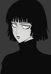  1girl absurdres bags_under_eyes black_hair fubuki_(one-punch_man) grey_background greyscale highres looking_at_viewer monochrome mostlybluewyatt one-punch_man short_hair 