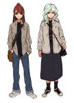  2girls absurdres aged_up alternate_costume aqua_hair asymmetrical_bangs asymmetrical_hair bag casual denim diana_cavendish frown h_(7503971) hands_in_pockets high_ponytail highres jacket jeans kagari_atsuko little_witch_academia long_hair multiple_girls pants shoes shoulder_bag skirt sneakers standing watch watch white_background witch 