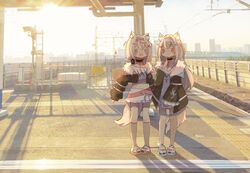  2girls :3 animal_ears belt black_jacket blonde_hair blue_hairband commentary dog_ears dog_girl dog_tail dress english_commentary fuwawa_abyssgard hair_ornament hairband hairclip hand_up highres hololive hololive_english jacket kneehighs long_hair long_sleeves mococo_abyssgard multiple_girls open_mouth outdoors over-kneehighs pink_belt pink_hairband seblueka shirt short_hair shorts single_over-kneehigh single_thighhigh socks tail thigh-highs virtual_youtuber white_dress white_footwear white_shirt x_hair_ornament 