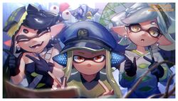  1boy 5girls :o absurdres agent_3_(splatoon) big_man_(splatoon) black_dress black_gloves black_hair black_shirt blue_hat border bow-shaped_hair callie_(splatoon) chromatic_aberration closed_eyes closed_mouth coat commentary_request cross-shaped_pupils dark-skinned_female dark_skin dress earrings fangs frye_(splatoon) gloves green_hair grey_choker grey_hair hat headphones highres holding holding_umbrella inkling_(language) inkling_girl inkling_player_character jewelry light_particles long_hair long_sleeves looking_at_viewer manta_ray marie_(splatoon) mole mole_under_eye multiple_girls no_(13_10_1230) octoling open_mouth orange_eyes peaked_cap pointing pointing_to_the_side pointy_ears shirt shiver_(splatoon) short_hair smallfry_(splatoon) splatoon_(series) splatoon_3 strapless strapless_dress swept_bangs symbol-shaped_pupils tentacle_hair thick_eyebrows twintails umbrella white_border white_coat yellow_eyes 