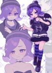  1girl :3 black_jacket choker closed_mouth collarbone jacket looking_at_viewer medium_hair murder_drones open_mouth parted_lips purple_hair purple_thighhighs skn_1027 solo thigh-highs uzi_(murder_drones) violet_eyes 