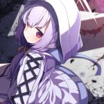  1girl atsuko_(blue_archive) black_gloves blue_archive blush closed_mouth from_side gloves grey_halo hair_between_eyes halo hood hood_up hooded_jacket jacket long_hair long_sleeves okota_mikan purple_hair red_eyes sitting solo white_jacket 