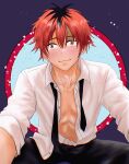  1boy absurdres closed_mouth dress_shirt drintrava hair_between_eyes highres looking_at_viewer male_focus muscular navel open_clothes redhead shirt simple_background smile solo sousou_no_frieren stark_(sousou_no_frieren) 