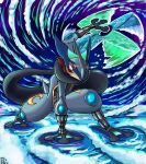  alternate_color alternate_costume alternate_eye_color armor black_tongue blue_gemstone commentary corruption crescent crossover dark_persona english_commentary facial_tattoo fierce_deity gem greninja holding holding_shuriken holding_weapon hydrokinesis kneeling long_tongue looking_at_viewer no_humans no_pupils pokemon pokemon_(creature) pokemon_xy possessed serious shuriken spinning spinning_weapon stoic_seraphim super_smash_bros. tattoo the_legend_of_zelda the_legend_of_zelda:_majora&#039;s_mask tongue tongue_out triangle water weapon webbed_feet webbed_hands white_eyes wrist_guards 