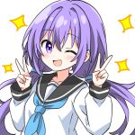  1girl blush commentary_request double_v hair_ornament highres kotatsu-mazoku long_hair long_sleeves looking_at_viewer low_twintails neckerchief one_eye_closed open_mouth original partial_commentary purple_hair school_uniform serafuku smile solo twintails upper_body v violet_eyes 