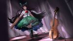  1girl arm_cannon black_hair black_socks black_wings bow bow_(music) cape commentary_request full_body green_bow green_skirt hair_bow highres indoors instrument long_hair looking_at_viewer red_eyes reiuji_utsuho shirt short_sleeves skirt socks solo third_eye touhou ushitsuchi violin weapon white_shirt wings 