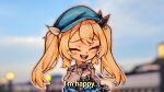  1girl black_gloves blonde_hair blue_dress blue_hat blurry blurry_background blush chibi closed_eyes cowboy_shot day dokibird_(vtuber) dress english_text gloves grey_jacket hat highres indie_virtual_youtuber jacket jqhnharqld long_hair outdoors smile solo subtitled twintails virtual_youtuber 