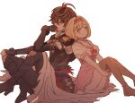  1boy 1girl ahoge armor back-to-back belt bishounen blonde_hair boots breastplate brown_eyes brown_hair brown_thighhighs cape commentary commentary_request crossed_legs djeeta_(granblue_fantasy) dress fingerless_gloves frilled_dress frills gloves granblue_fantasy hair_between_eyes hair_intakes hand_on_own_chin headband hetero high_heel_boots high_heels highres knees_up light_blush p_okate pink_dress red_eyes sandalphon_(granblue_fantasy) short_hair sitting sketch thigh-highs white_cape 