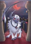  absol animal_focus bright_pupils chain claws crescent_moon forehead_jewel highres horns moon night night_sky no_humans pokemon pokemon_(creature) red_eyes red_moon scythe single_horn sky soruva_359 star_(sky) tail weapon white_fur white_pupils 