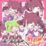  &gt;_&lt; 2girls :3 :q animal_ears black_ribbon black_skirt blunt_bangs boots border bow bowtie cevio chibi claw_pose closed_mouth collared_shirt finger_counting food-themed_brooch green_footwear green_shorts hair_ribbon highres jacket long_hair long_sleeves looking_at_viewer mole mole_under_eye multicolored_clothes multicolored_eyes multicolored_jacket multiple_girls multiple_views natsuki_karin nekomo_(yumenkmc) one_eye_closed open_mouth outline outside_border paw_pose pink_background pink_border plaid plaid_background pleated_skirt purple_bow purple_bowtie purple_jacket recurring_image red_eyes ribbon school_uniform shirt shorts skirt smile song_name sparkle strawberry_brooch suspender_shorts suspenders synthesizer_v tail tongue tongue_out twintails two-tone_jacket v v-shaped_eyebrows violet_eyes voicevox white_outline white_shirt white_sleeves wolf_ears wolf_tail yellow_eyes zundamon 