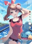  2girls :d ariekochan boat bow brown_hair clouds cloudy_sky cynthia_(pokemon) grey_eyes hair_bow highres holding holding_poke_ball looking_at_viewer may_(pokemon) mudkip multiple_girls open_mouth pelipper poke_ball poke_ball_(basic) pokemon pokemon_(creature) pokemon_oras red_bow red_shirt shirt shorts sky smile teeth upper_teeth_only viewfinder water watercraft wingull 