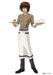  1boy absurdres apron black_footwear black_pants brown_hair gundam gundam_seed gundam_seed_destiny gundam_seed_freedom highres kira_yamato looking_at_viewer male_focus official_alternate_costume official_art open_mouth pants promotional_art shirt short_hair smile striped_clothes striped_shirt uniform violet_eyes waist_apron waiter 